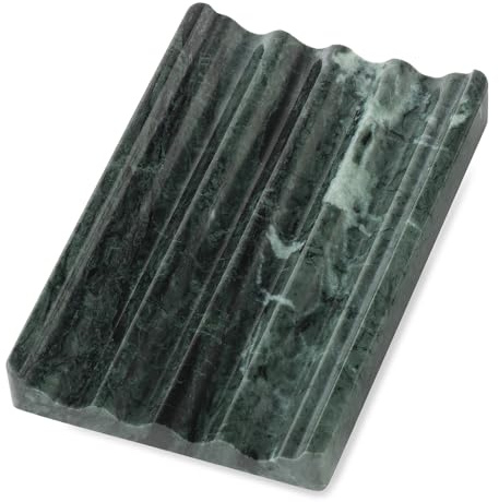 Koville Indian Natural Marble Soap Dish for Shower, Stone Soap Tray for Bathroom, Bar Soap Holder for Sink, Stripe Grooves Saver Sponge Holder Keep Soap Bars Dry Easy Clean (Verde Alpi)