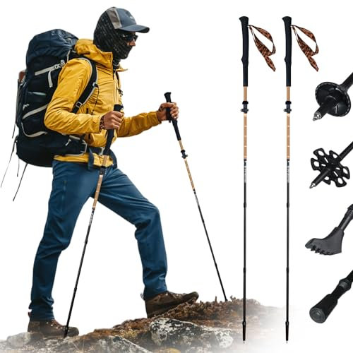 Black Diamond Wanderstöcke, 110-130cm Faltbar Wanderstöcke, Walking Stöcke 1 Paar mit All Terrain Zubehör, Ultraleicht Stoßdämpfend Zusammenklappbare Gehstöcke für Zum Wandern Camping (Gold)