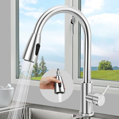 Wasserhahn Küche, Mischbatterie Küche mit Hohem Bogen, Hochdruck Küchenarmatur mit Brause Ausziehbar, 360°Schwenkbar Spültischarmatur Küche, G3/8 Anschluss Armatur Küche Edelstahl mit 2 Strahlarten