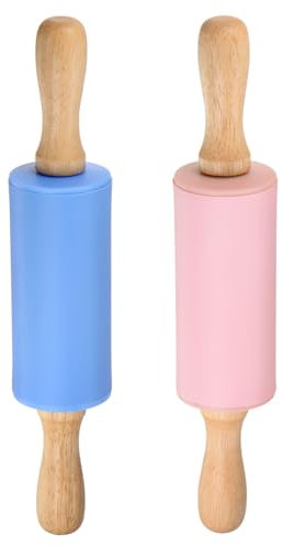 sourcing map Silicone Rolling Pins for Baking 9 Inch Wooden Handle Non Stick Rolling Pin Small Roller Playdough Rolling Pins for Dough Pizza Pastry Fondant Kitchen, Blue & Pink