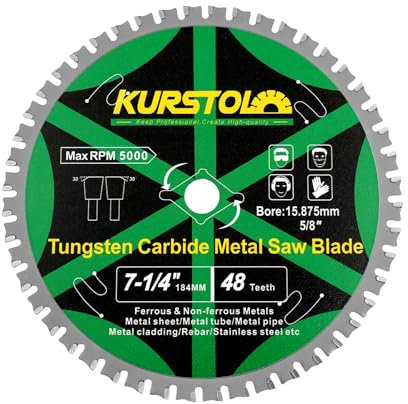 KURSTOL Hoja de Sierra Circular para Metal - 184mm Disco Corte 48T con Punta de Carburo para Acero, Acero Inoxidable, Níquel, Titanio, Metales Ferrosos, Tubos de Acero, Agujero 15,875mm