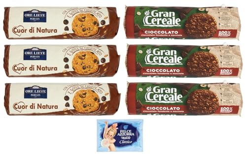 6er-Pack Testpaket Biscotti Cereali Cioccolato Ore Liete 250g + Gran Cereale 230g Kekse mit Müsli und Schokoladen Verpackt in Tube + 1er-Pack Kostenlos Felce Azzurra Talkumpuder, 100g-Beutel