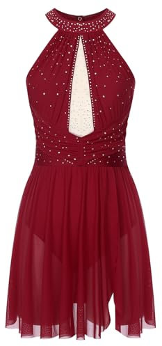 LiiYii Damen Eiskunstlauf Kleid Glitzer Ballettkleid Neckholder Kürkleid Rollschuhkleid Rückenfrei Ballettanzug Ballerina Latein Eislaufen Tanzkleid Burgundy L