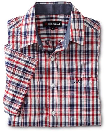 Rick Armand Chemise en seersucker maritime, à manches courtes, à carreaux, tissu d'été aéré, en coton, rouge/bleu, XL