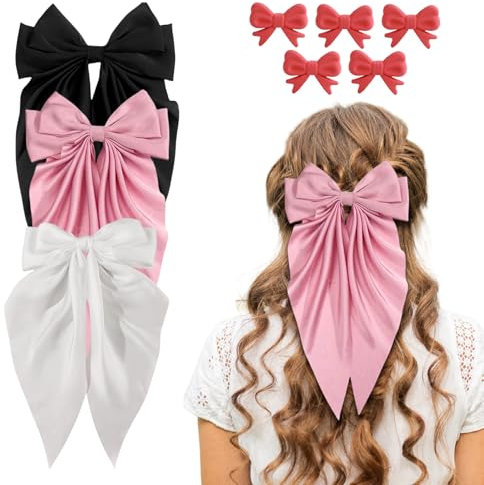 3 Piezas Lazo de Pelo de Satén Grande, Pasadores Pelo Lazo Francesa de Gran Tamaño, Horquilla con Lazo Cola Larga 5 Miniclips, Pinzas Accesorios Sedoso para el Cabello Mujeres y Niñas
