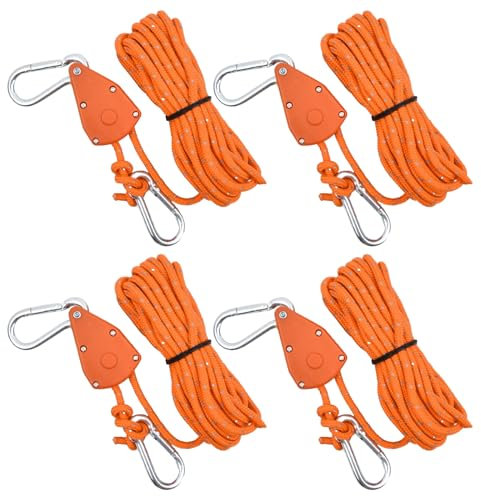4 Pack Tent Guy Ropes Heavy Duty, 6mm Camping Cord Rope Reflective, Awning Guide Ropes 5M, Rope Ratchet Adjustable with Pulley, with Aluminum Tensioner for Hiking Caravan Outdoor (Orange, 6mm)