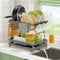 PKBD 2 Tier Large Dish Drying Rack with Drip Tray, Detachable Dish Drainer Rack with Swivel Drainage Spout, Cutting-Board Holder, Cup Holder, Organize Shelf with Utensil Holder Set,Grey