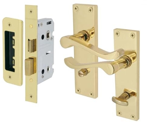 Locks and Screws Victorian Scroll Polished Brass Bathroom Door Handles & 64mm Bathroom Lock Set Polished Brass Finish