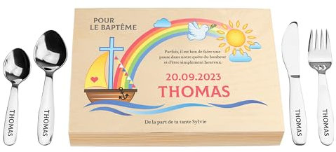 LAUBLUST Couverts pour Enfants gravés - Coutellerie dans boîte en Bois imprimé, Naturelle - Couverts avec prénom | Cadeau de baptême pour Enfants | Couverts de Table en INOX (Après Le Déluge)