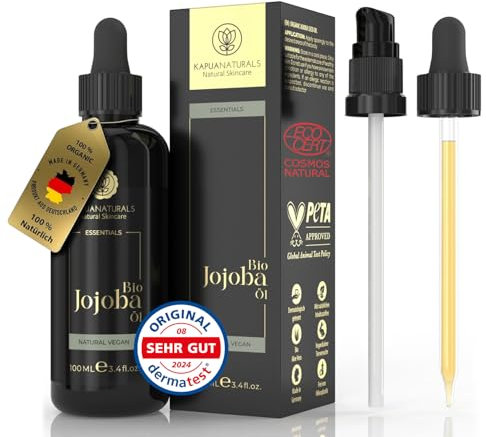 Jojobaöl BIO • 100ml • 100% Rein, Natürlich & kaltgepresst • Jojobaöl für Haare, Kopfhaut, Wimpern, Augenbrauen, Bart & Nägel • Vegan - höchste Reinheit • Jojobaöl bio kaltgepresst • Jojoba oil