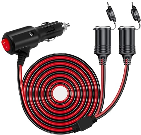 12V/24V Zigarettenanzünder Verteilersplitter 1 auf 2, 4m Verlängerungskabel 240W 16AWG mit 2x20A Sicherungen - Kfz-Doppelsteckeradapter