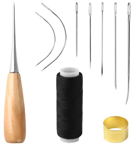 Leather Sewing Kit Leather Hand Stitching Tools Upholstery Hand Stitching Kit with Waxed Thread Needles Perforation Awl Thimble for Leather Repair DIY and Sewing