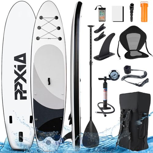 Stand Up Paddling Board mit Sitz, Aufblasbare SUP Board Surfboard Tragkraft bis 200Kg, Paddelboard Surfboard Zubehör für Anfänger Erwachsene Kinder (Schwarz, 335 x 82 x 15 cm)
