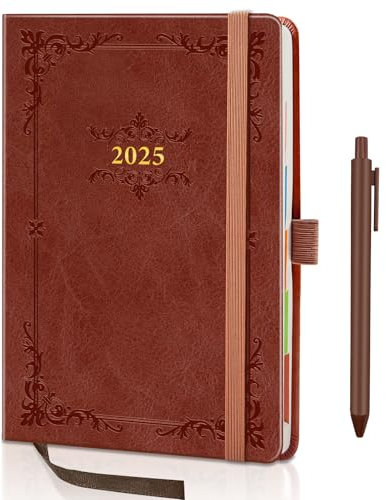 BELIAYAS 2025 Buchkalender A5, Terminkalender 2025, Kalender 2025 A5, 12-Monate-Kalender (Jan.2025-Dez.2025), mit 1pcs Kugelschreiber(0.5mm), 1 Tag 1 Seite, 201 Seiten, Braun