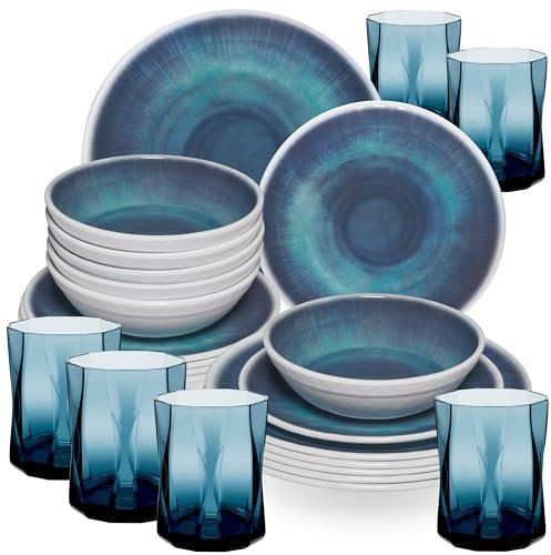 Melamin Geschirr Set Jesolo Blau für 6 Personen - 24 Teile - mit farblich passenden Trinkgläsern 300ml aus Acryl - Campinggeschirr Geschirrset Tafelgeschirr Camping modernes Melamingeschirr bunt
