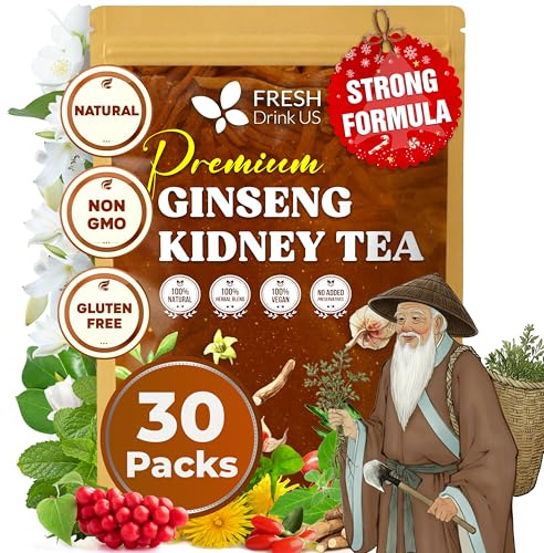 FreshDrinkUS, Ginseng Kidney Tea – 30 Packs of Herbal Detox & Vitality Support | 100% Natural Roots & Berries | Caffeine-Free | Adaptogenic Blend for Energy, Kidney Health, and Wellness