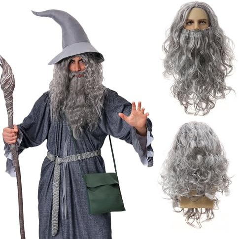 QSZHSL Graue Zaubererperücken und langer Bart, Halloween-Kostüm, dunkelgrau, Magier, Hexerperücke für Karneval und Hippie-Outfit