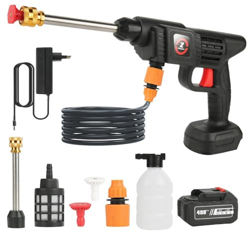 Idropulitrice a Batteria, Idropulitrice 21V MAX 35Bar, Pistola Di Lavaggio a Batterie, Portatile Press & Clean, Lancia Schiuma, Tubo da 5M, Auto, Prato (con 1 Batteria da 6000 mAh)