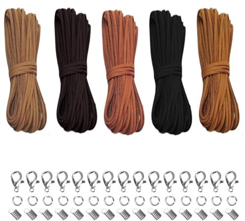 RYAN 5 Pièces Laniere Cuir 10 m x 3 mm avec Clips Boucles Fermoir Mousqueton Cordon Cuir pour Collier pour Bracelets Colliers et Bijoux Artisanaux (5 Couleurs)