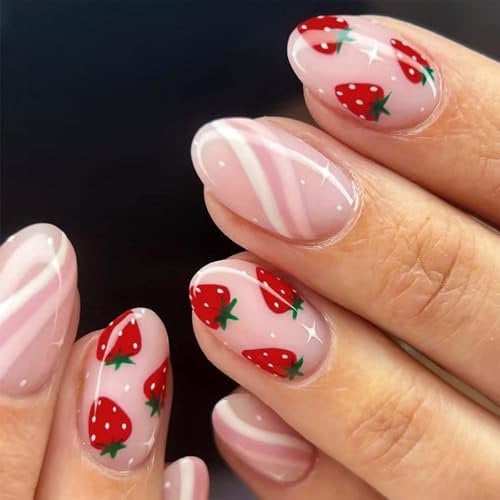 GlamRays Cute Pink Press-on Nails Short Oval Acrylic False Nails Sweet Strawberry Fake Nails with Striped Design Gloss Artificial Adhesive Nail Full Set 24 Pieces