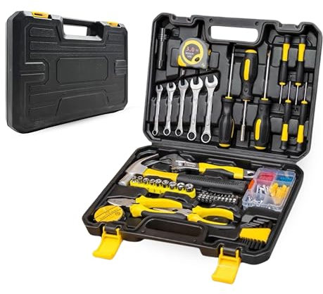 Maletín de Herramientas Completo. Caja de Herramientas con 108 piezas. Set de Herramientas Manuales para Bricolaje. Juego de Herramientas Portátil y Organizado para Reparaciones del Hogar