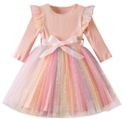 Mädchen Tüllstickerei Regenbogen Kleid mit Gürtel für Kinder 1-8 Jahre | Doppel-Tüll, Blumenstickerei, Regenbogenfarben, verstellbarer abnehmbarer Gürtel, mehrere Altersklassen, alltagstauglich
