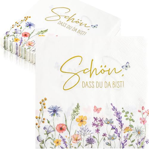 Xinfin 40 Stück Servietten Schön Dass Du Da Bist für Sommerparty | Partyservietten mit Blumen Motiv Tischdeko für Geburtstage & Hochzeit, Taufen, Frühling, Gartenparty