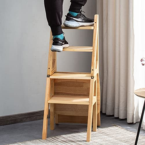 4-Step Wooden Ladder Chair - Multifunctional Folding Stool Innovative Step Ladder for Kitchen Office & Library Use - Space-Saving & Durable Design
