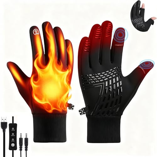USB Beheizte Handschuhe, Winter Handwärmer Handschuhe Elektrisch Thermo Handschuh Heizung Fäustlinge mit Touchscreen Finger & 3 Einstellbare Temperatur für Radfahren Laufen Wandern Skifahren Outdoor