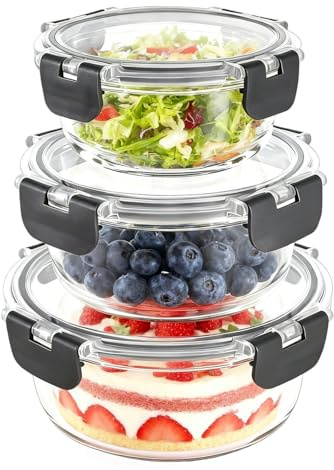 3 Pack Glass Meal Prep Containers, Airtight Lids Round Leakproof Lunch Box | Stackable Glass Food Storage Containers Set, Freezer, Ov-en, Microwave & Dishwasher Safe (3Pack - Rotundity)