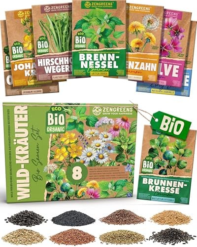 ZenGreens® - Bio Wildkräutersamen im 8er Set - 8 Wildkräuter Samen für den einfachen Anbau im Garten, Balkon oder Hochbeet - Pflanzensamen - Saatgut