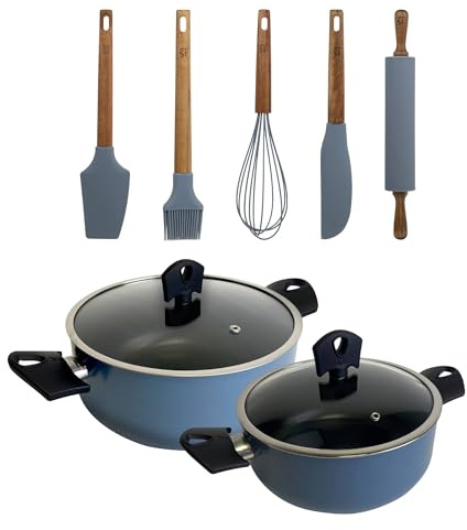 Juego de 2 Cacerolas de Ø20Ø24cm con tapa en Aluminio prensado color Azul + Set de 5 Utensilios de silicona y madera NOIA San Ignacio