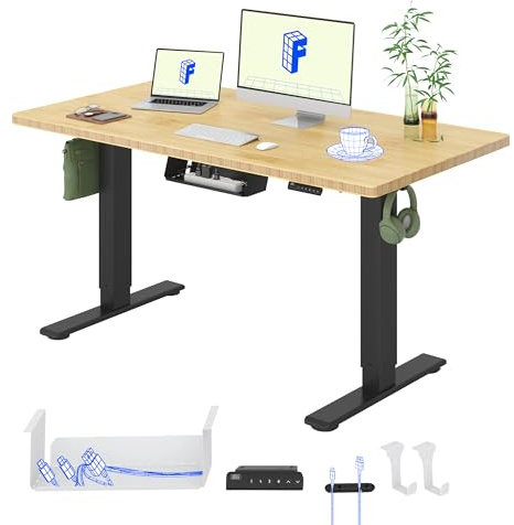 FLEXISPOT Höhenverstellbarer Schreibtisch, Einteilige Bambus-Tischplatte, Doppelmotor, 4 Speicherhöhen, LED Anzeige, Ergonomischer Büro- und Computertisch (140×80 cm, Schwarzes Gestell)