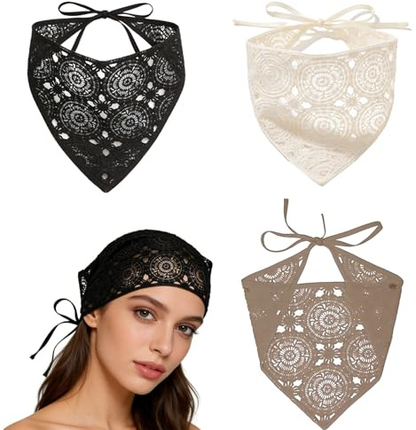 XIONGXIAOZHI 3 Stück Kopftuch Damen Sommer, Elastisches Gehäkeltes Stirnband mit Blumenmuster, Boho Häkel Haarschal Tücher für Mädchen und Frauen, Gestricktes Accessoire für den Alltag