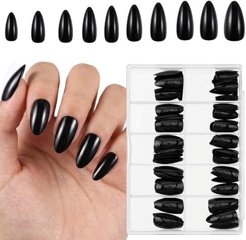 120 Pcs Black Press on Nails Almond Solid Color Short False Nails Almond, Glossy Solid Dark Stiletto Fake Nails Set, Acrylic Stick on Nails for Women Daily Diy Nail Art Gift