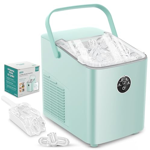 FOHERE Eiswürfelmaschine 14KG, Ice Maker Klein mit Griff, Selbstreinigend | 2 Größen von Bullet Ice, Schnelle Eiswürfel in 5 Min, Geräuscharmer Betrieb, inkl. Schaufel & Korb, für Küche Büro Bar Party