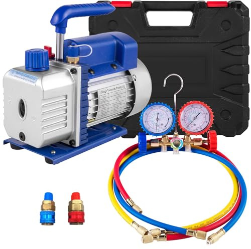 Pompe à Vide Climatisation 1.8CFM 1/4 HP, Kit Frigoriste Professionnel avec Manifold 3 Voies et Tuyaux de Charge, Pompe à Vide HVAC pour Climatisation Auto, Réfrigérateur et Systèmes A/C(4CFM-1/3HP)