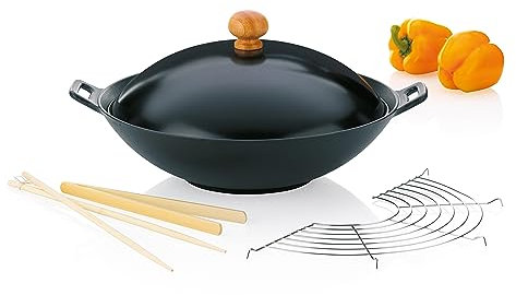 kela Gusseisen Wokpfanne mit Deckel 36 cm ASIA, Wokset mit Dünstrost, Stäbchen, Holzzange, 4,5L Wokpfanne Induktion