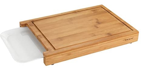 WENKO Planche à découper Bruno - Planche de cuisine, planche à découper avec rainure à jus et coupe de récupération/tablette, Bambou, 35 x 4 x 25 cm, Marron
