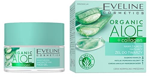 Eveline Cosmetics Bio Aloe + Kollagen Feuchtigkeits- und Mattierendes Gesichtsgel für Normale und Mischhaut - Vegane Formel, 50ml