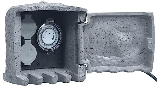 vidaXL Gartensteckdose 2-fach mit Klappdeckel 1,5m Kabel Timer Universalstecker Außensteckdose Steckdose Steinsteckdose Polyresin Grau