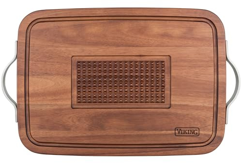 Viking Cutting Board, Acacia Wood Kitchen Butcher Block Carving Board with Juice Groove and Metal Handles, 23 x 14 x 1 Inch