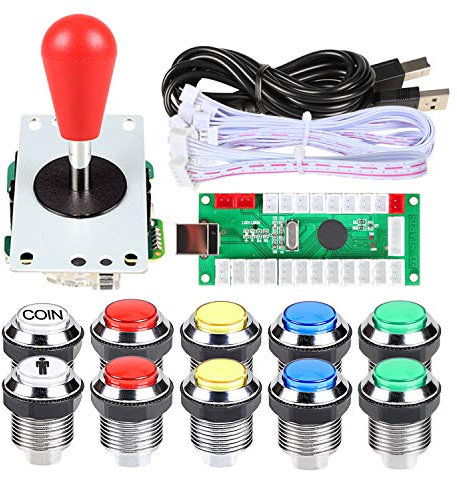 EG STARTS 1 giocatore LED Arcade fai da te Part Kit USB Encoder per PC Gamepad Ellisse & Ovale Stile Bat Joystick + 5V LED Arcade Pulsanti per Videogiochi Mame Raspberry Pi Arcade1up (cromati misti)