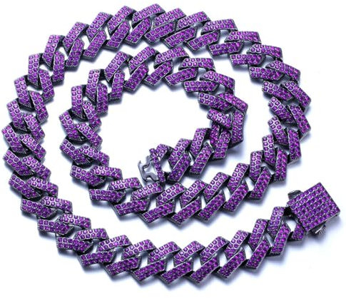 Halukakah Kubanischer Diamant Link Halskette Für Männer - Handset Lila Edelstein Amethyst - Rhodium Schwarz Plattiert - Breite 12mm Länge 50cm - Mit Geschenkbox