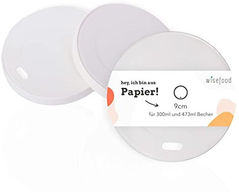 wisefood Einweg Papierdeckel weiß - 100 Stück Coffee To Go Pappdeckel ∅ 90mm - Passend für 300ml & 473ml Kaffeebecher - Ohne PLA/PE - Biologisch abbaubarer Deckel mit BIO-Beschichtung