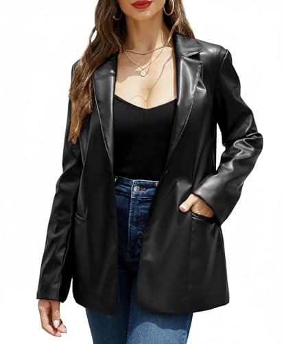 RISISSIDA Giacca da Donna in Pelle Sintetica – Camicetta alla Moda Primavera e Autunno – Camicia Ampia abbottonata con Tasche sul Petto, Blazer Nero, Small