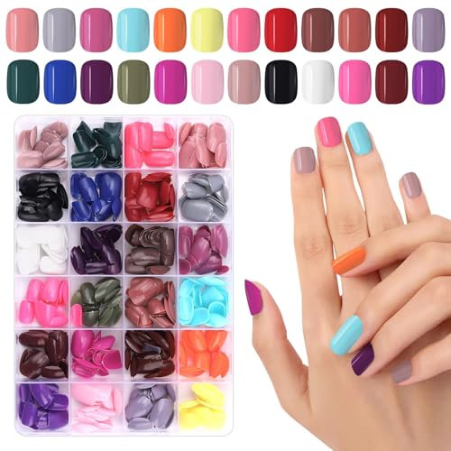 576 PCS Faux Ongles Courts à Presser, EBANKU 24 Couleurs Faux Ongles Carrés Courts Acryliques Unie Couverture Complète Faux Ongles Conseils pour Femmes Décorations d'Ongles (Brillant, Brillant)