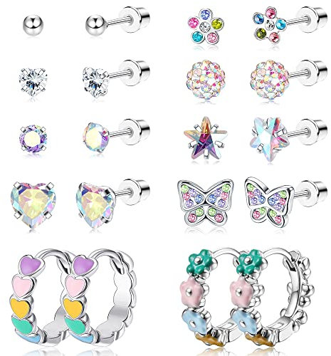 JeweBella 10 Paar Kleine Ohrstecker Set für Damen Mädchen - Chirurgenstahl Hypoallergen Creolen Ohrringe - Niedlich Schmetterling Blume Herz Zirkonia Mehrfarbig Schraubverschluss