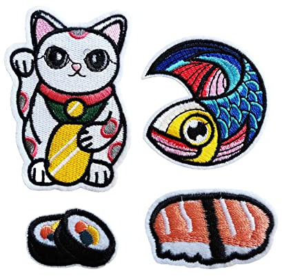 4PCS Japanese Koi Fish Sushi Lucky Cat Iron On/Sew on Patch, DIY Embroidered Iron-on Repair Patch for Clothes Bags Hats Jacket Jeans Backpacks