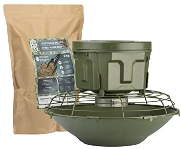 EUROHUNT Futterautomat Evolution inkl. 2 Kilo Power Lock Pellets, automatisierter Futterspender für Wildtiere, bis zu 6 Fütterungszeiten einstellbar, einstellbare Motordrehzahl & Fütterungsintervalle